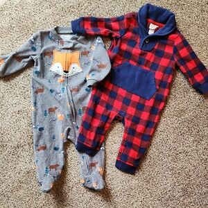 Gray Fox Print Footed One-Piece and Red Plaid Pullover One-Piece Set for Kids